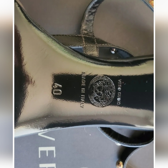 Versace MultiGalvanica Medusa Black/Gold Medallion Block Heel Leather Sandals - Picture 12 of 13